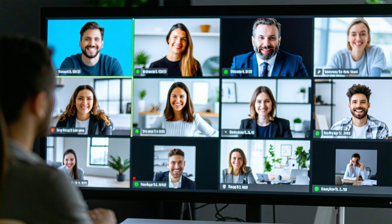 Professional video meeting with multiple participants on screen