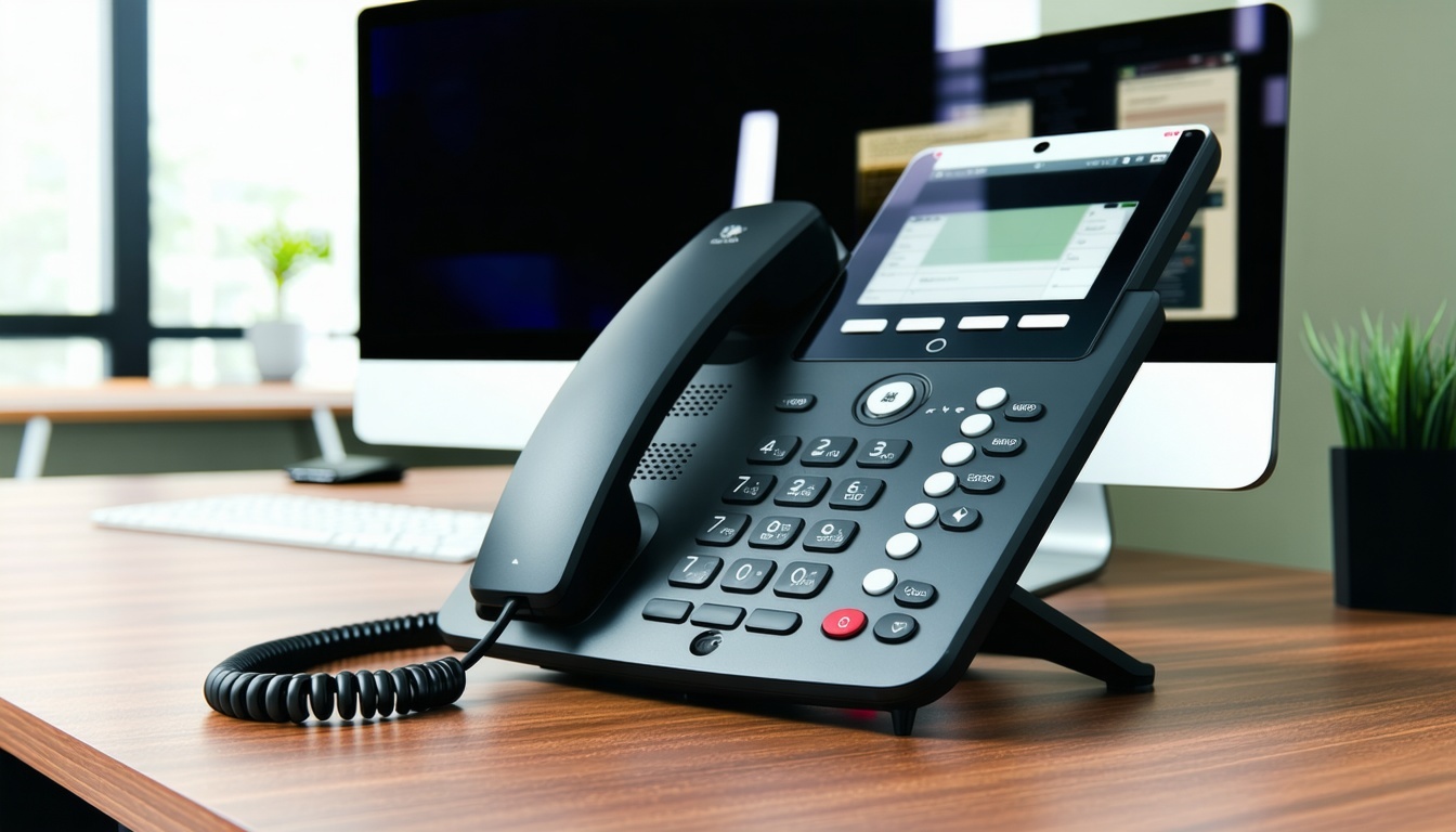 Sleek IP phone on modern office desk-1