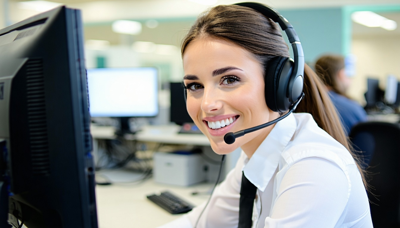 candid image of attractive happy customer support rep talking on headset and typing on pc-1