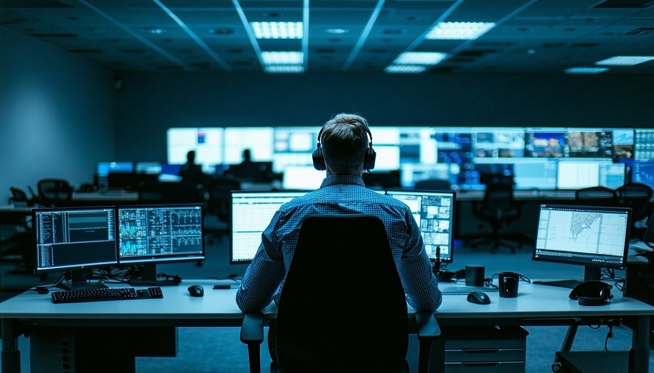 landscape image Looking from behind at man in chair monitoring things in an IT NOC center-3