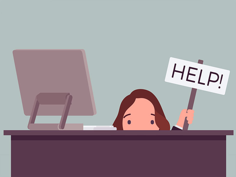 woman hiding behind desk holding help sign illustration