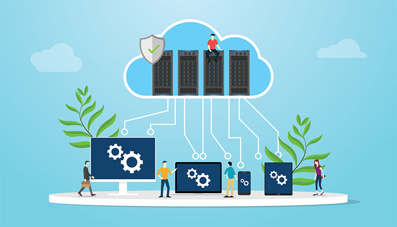 cloud computing concept with database server and various media platforms illustration