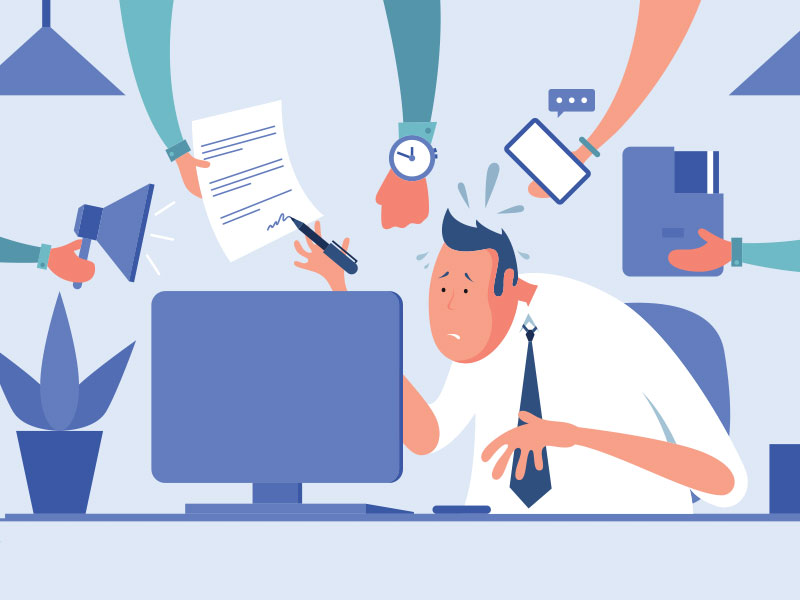 overworked man with many hands coming at him with work illustration